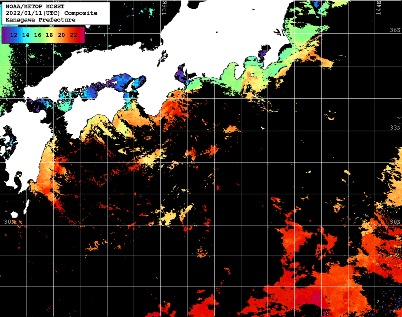 NOAA、MetOp 人工衛星画像 検索結果, 水温分布を図示