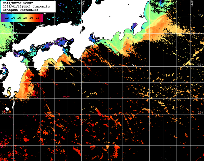 NOAA、MetOp 人工衛星画像 検索結果, 水温分布を図示