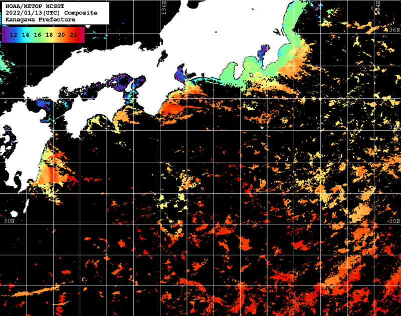 NOAA、MetOp 人工衛星画像 検索結果, 水温分布を図示
