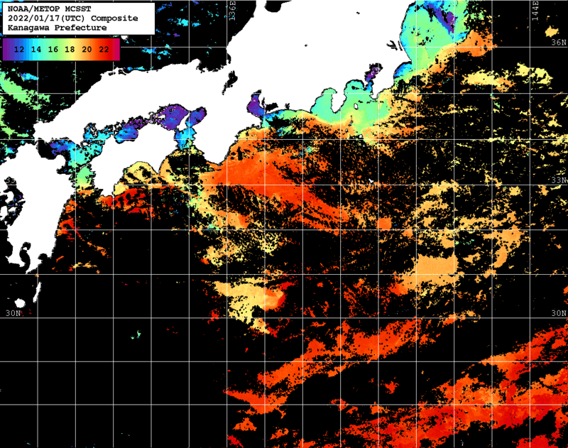 NOAA、MetOp 人工衛星画像 検索結果, 水温分布を図示