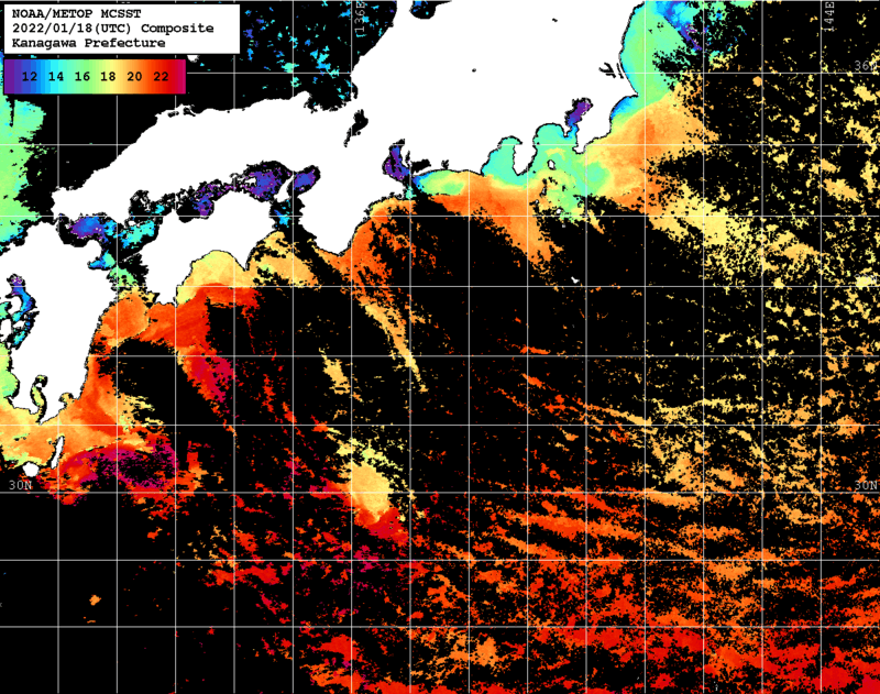 NOAA、MetOp 人工衛星画像 検索結果, 水温分布を図示