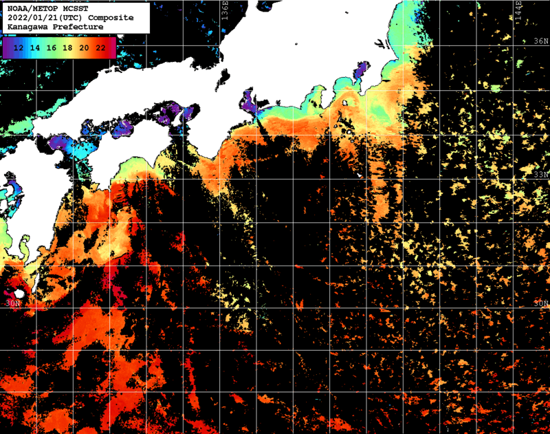 NOAA、MetOp 人工衛星画像 検索結果, 水温分布を図示