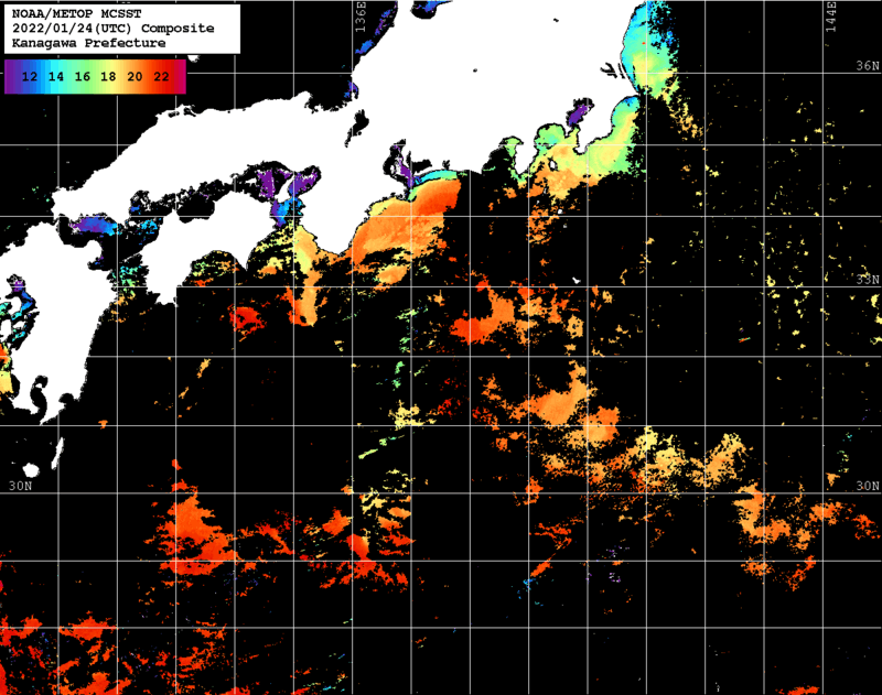 NOAA、MetOp 人工衛星画像 検索結果, 水温分布を図示