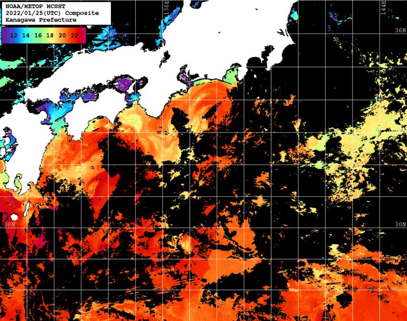 NOAA、MetOp 人工衛星画像 検索結果, 水温分布を図示