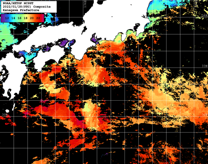 NOAA、MetOp 人工衛星画像 検索結果, 水温分布を図示