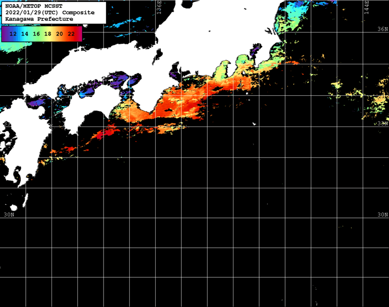 NOAA、MetOp 人工衛星画像 検索結果, 水温分布を図示