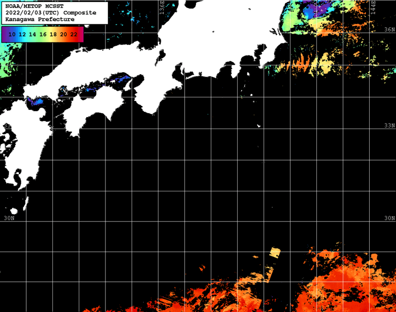 NOAA、MetOp 人工衛星画像 検索結果, 水温分布を図示