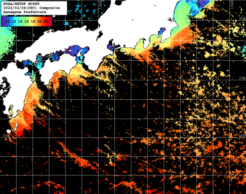 NOAA、MetOp 人工衛星画像 検索結果, 水温分布を図示