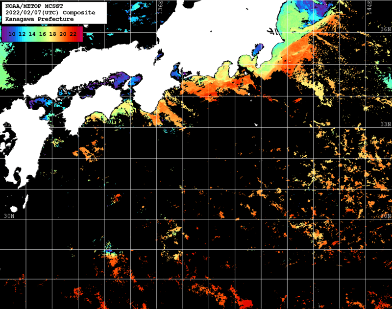 NOAA、MetOp 人工衛星画像 検索結果, 水温分布を図示