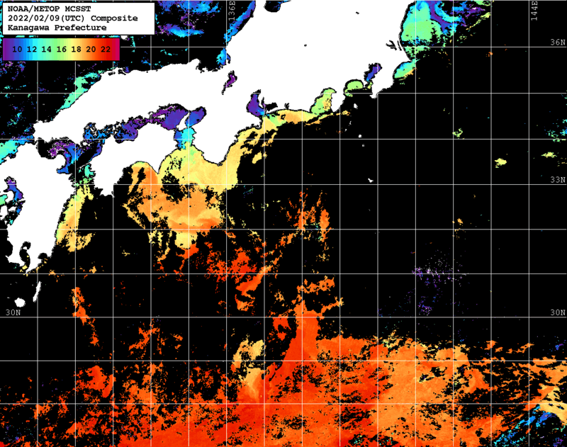 NOAA、MetOp 人工衛星画像 検索結果, 水温分布を図示