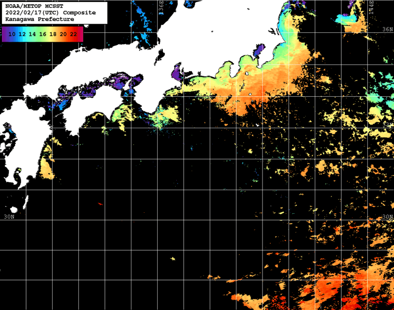 NOAA、MetOp 人工衛星画像 検索結果, 水温分布を図示
