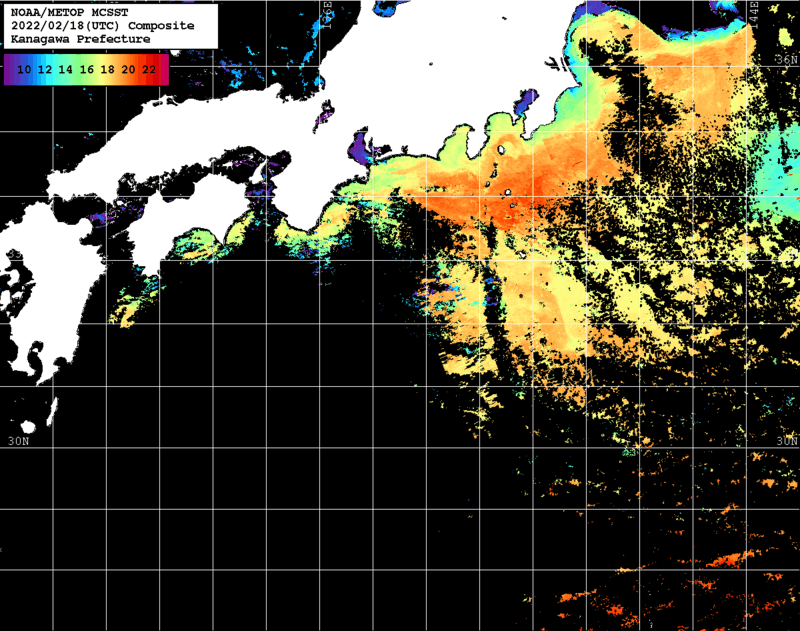 NOAA、MetOp 人工衛星画像 検索結果, 水温分布を図示