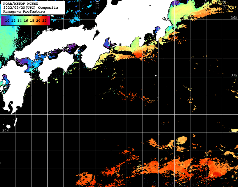 NOAA、MetOp 人工衛星画像 検索結果, 水温分布を図示