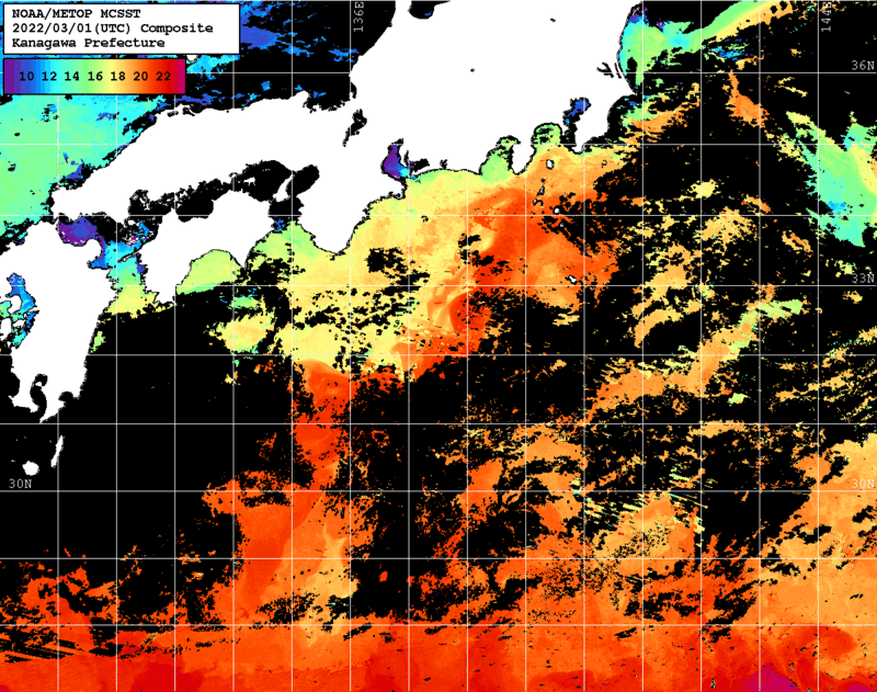 NOAA、MetOp 人工衛星画像 検索結果, 水温分布を図示