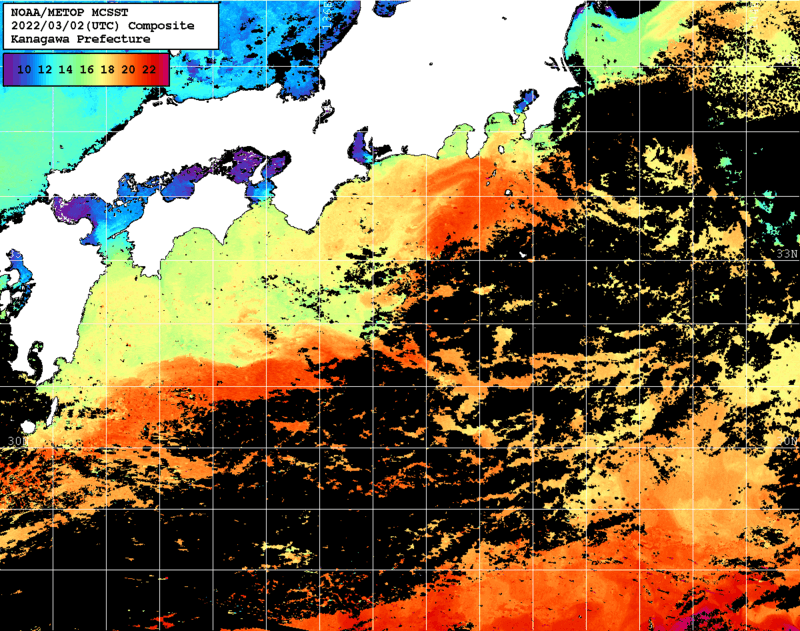 NOAA、MetOp 人工衛星画像 検索結果, 水温分布を図示