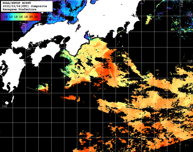 NOAA、MetOp 人工衛星画像 検索結果, 水温分布を図示