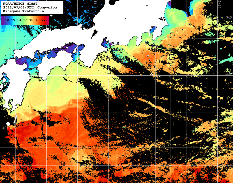 NOAA、MetOp 人工衛星画像 検索結果, 水温分布を図示