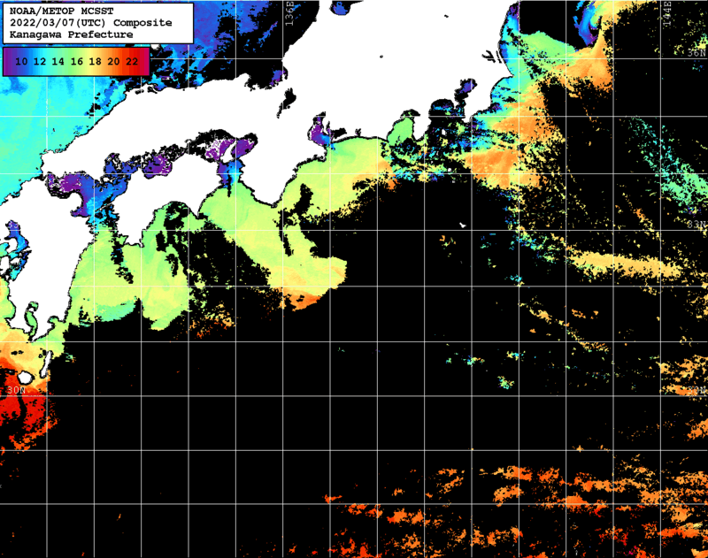 NOAA、MetOp 人工衛星画像 検索結果, 水温分布を図示