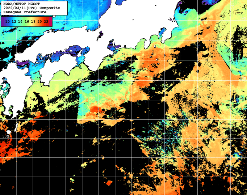 NOAA、MetOp 人工衛星画像 検索結果, 水温分布を図示