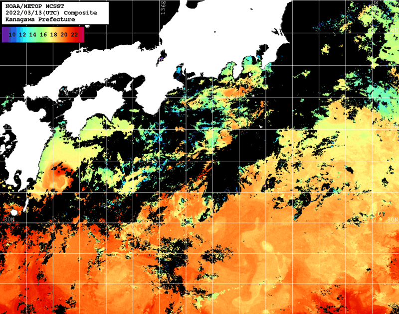 NOAA、MetOp 人工衛星画像 検索結果, 水温分布を図示