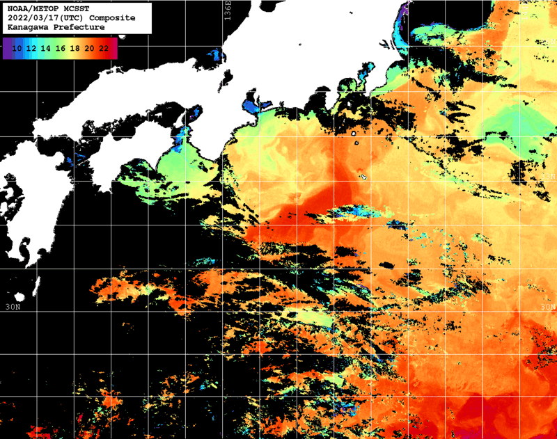NOAA、MetOp 人工衛星画像 検索結果, 水温分布を図示