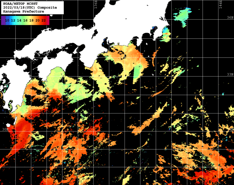 NOAA、MetOp 人工衛星画像 検索結果, 水温分布を図示