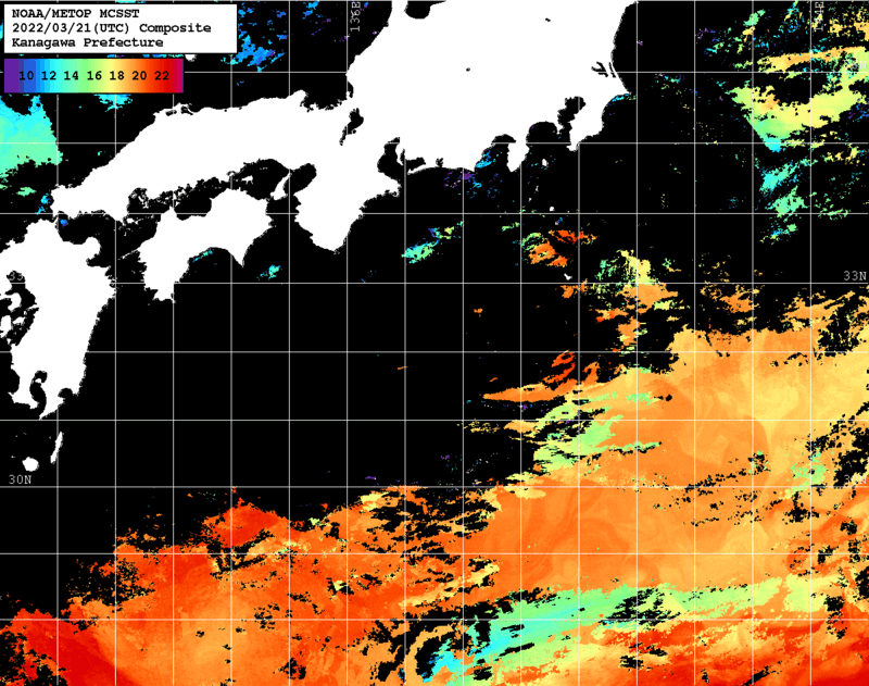 NOAA、MetOp 人工衛星画像 検索結果, 水温分布を図示