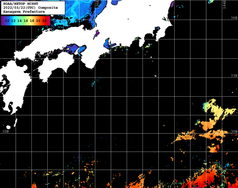 NOAA、MetOp 人工衛星画像 検索結果, 水温分布を図示
