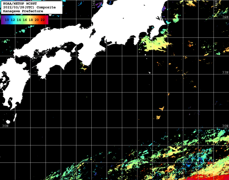 NOAA、MetOp 人工衛星画像 検索結果, 水温分布を図示