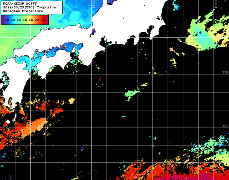 NOAA、MetOp 人工衛星画像 検索結果, 水温分布を図示