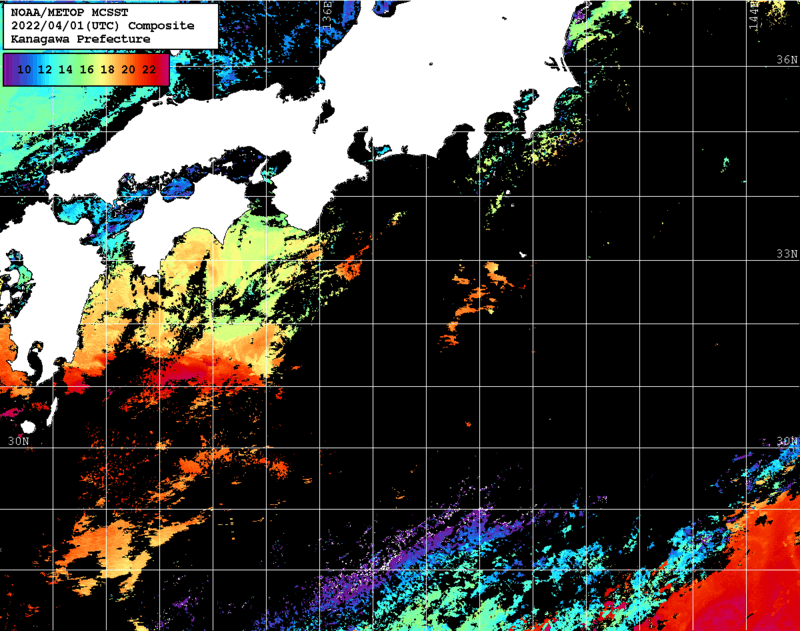 NOAA、MetOp 人工衛星画像 検索結果, 水温分布を図示