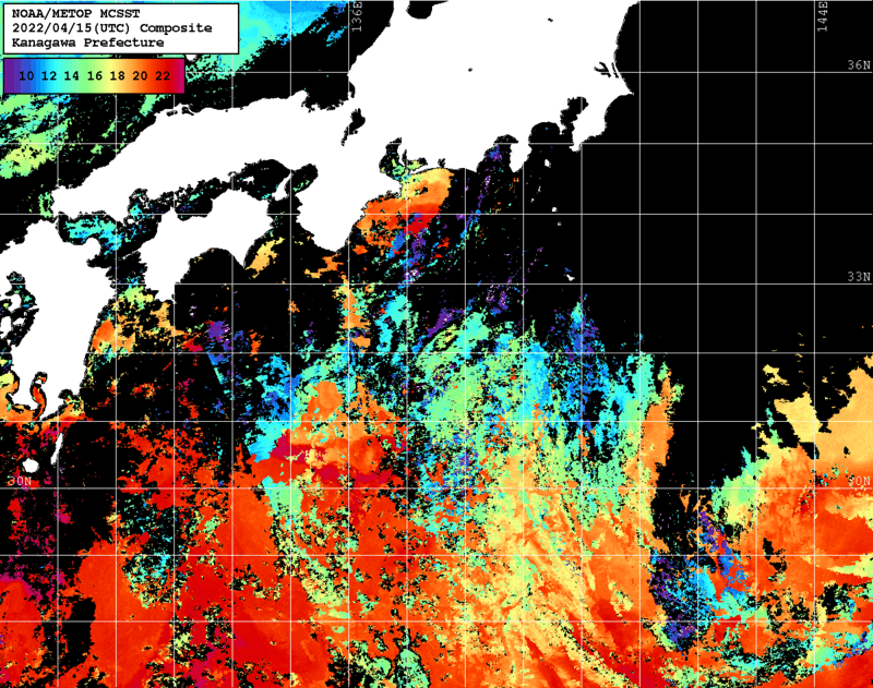 NOAA、MetOp 人工衛星画像 検索結果, 水温分布を図示