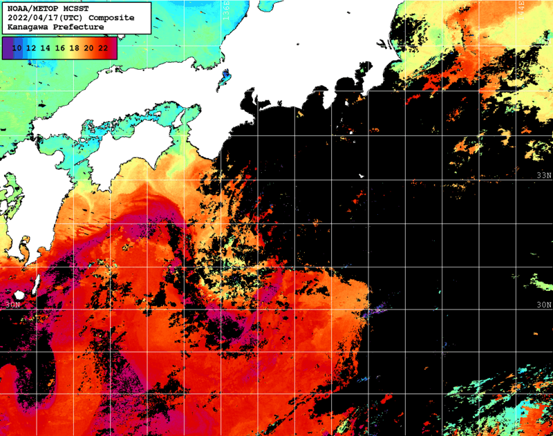 NOAA、MetOp 人工衛星画像 検索結果, 水温分布を図示