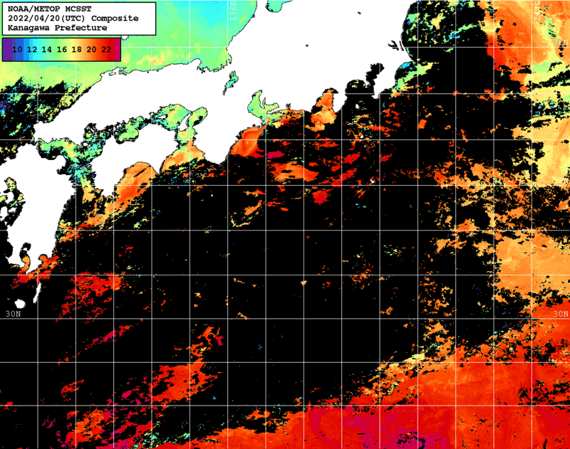 NOAA、MetOp 人工衛星画像 検索結果, 水温分布を図示