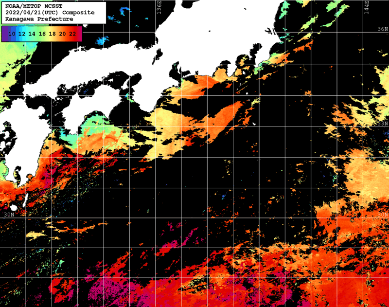 NOAA、MetOp 人工衛星画像 検索結果, 水温分布を図示