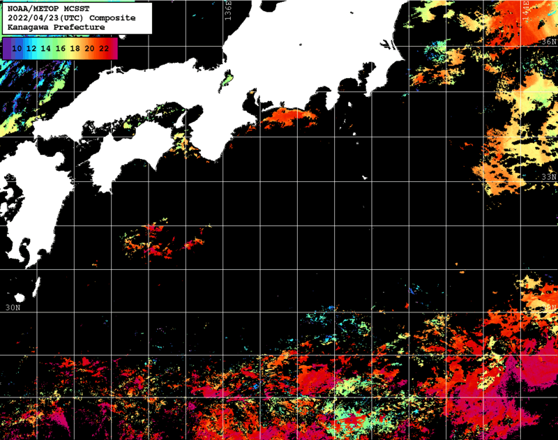 NOAA、MetOp 人工衛星画像 検索結果, 水温分布を図示