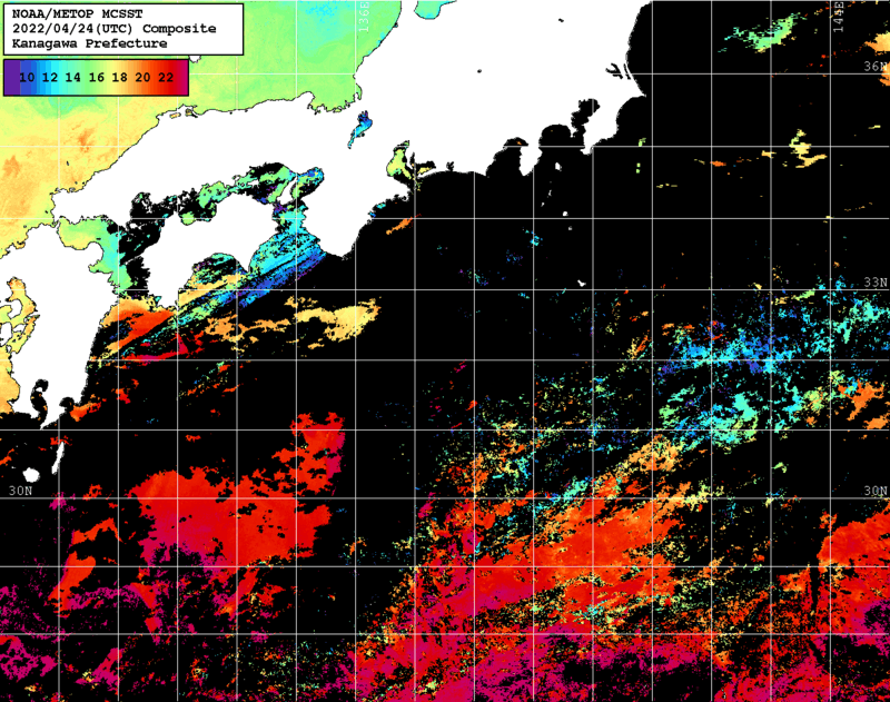 NOAA、MetOp 人工衛星画像 検索結果, 水温分布を図示