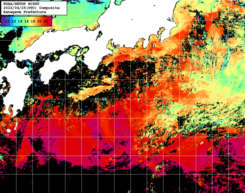 NOAA、MetOp 人工衛星画像 検索結果, 水温分布を図示