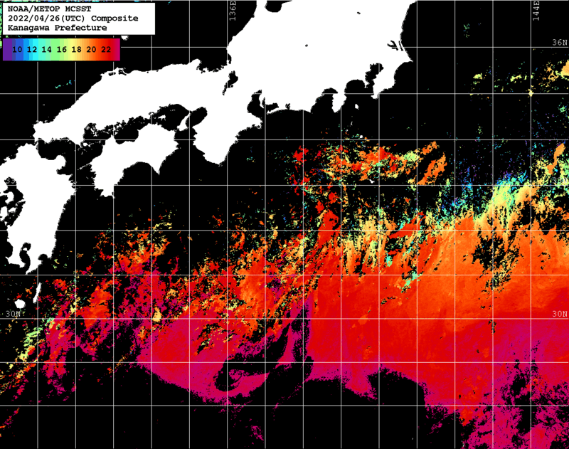 NOAA、MetOp 人工衛星画像 検索結果, 水温分布を図示