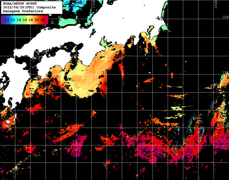 NOAA、MetOp 人工衛星画像 検索結果, 水温分布を図示