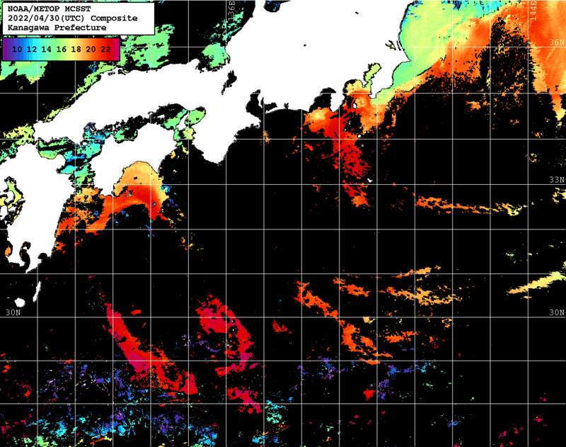 NOAA、MetOp 人工衛星画像 検索結果, 水温分布を図示