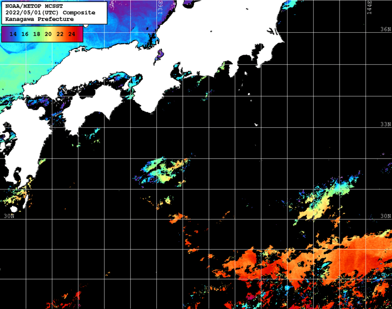 NOAA、MetOp 人工衛星画像 検索結果, 水温分布を図示