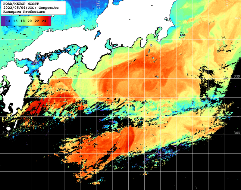 NOAA、MetOp 人工衛星画像 検索結果, 水温分布を図示