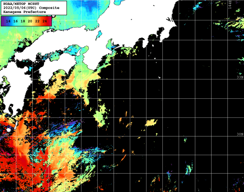 NOAA、MetOp 人工衛星画像 検索結果, 水温分布を図示