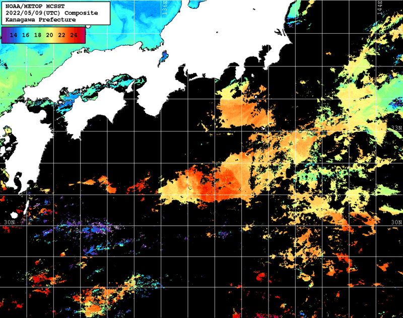 NOAA、MetOp 人工衛星画像 検索結果, 水温分布を図示