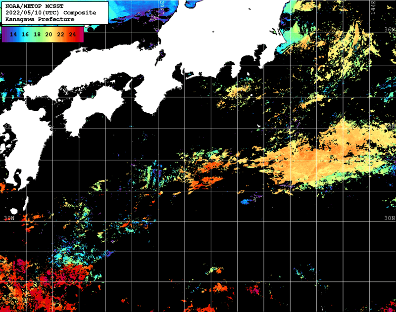 NOAA、MetOp 人工衛星画像 検索結果, 水温分布を図示