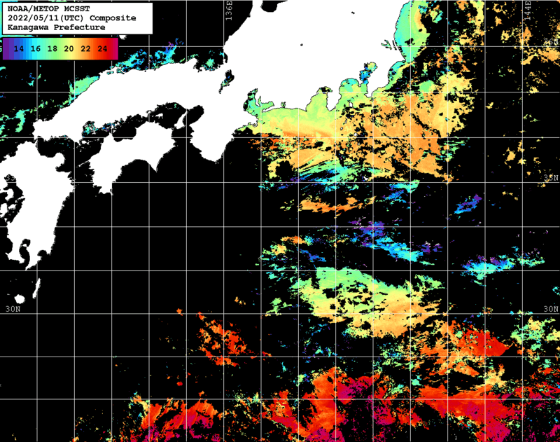 NOAA、MetOp 人工衛星画像 検索結果, 水温分布を図示