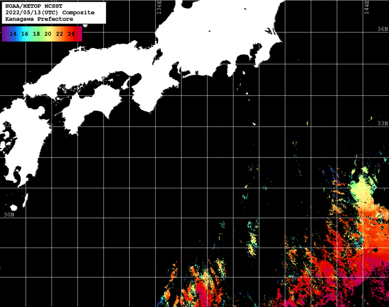 NOAA、MetOp 人工衛星画像 検索結果, 水温分布を図示