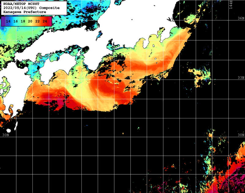 NOAA、MetOp 人工衛星画像 検索結果, 水温分布を図示