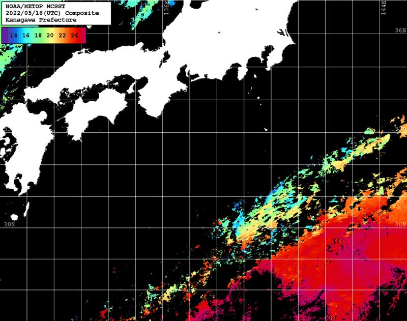 NOAA、MetOp 人工衛星画像 検索結果, 水温分布を図示
